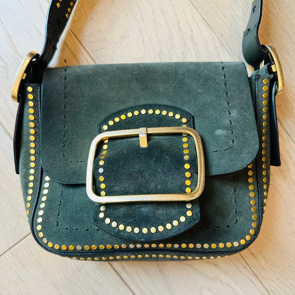 Tory Burch Sawyer Small Suede Shoulder Bag Green Gold Stud Buckle Purse - Picture 3 of 11